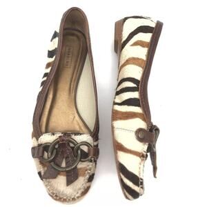 Harold’s Fur Ballet Flat Zebra 7M women Brass Embellish Cream Brown Black